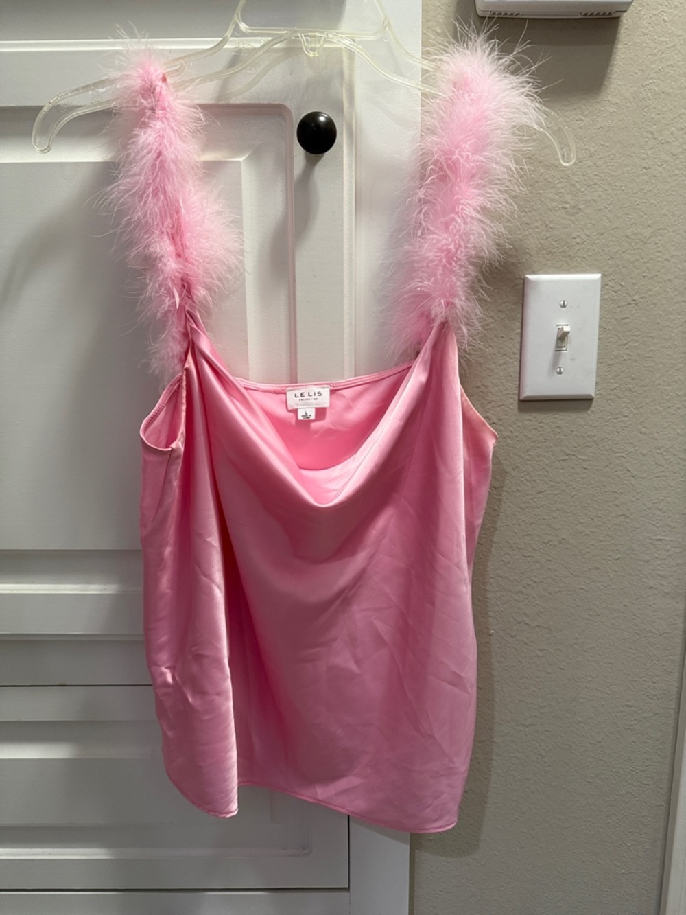 Le Lis Pink Satin Cowl Tank with Feather Straps